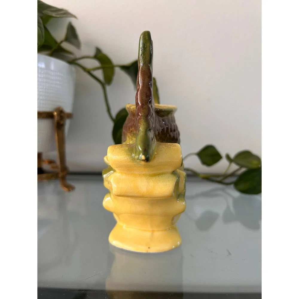 MCM Ceramic Fish Planter Yellow Green Drip Glaze Mid Century Figural Vase